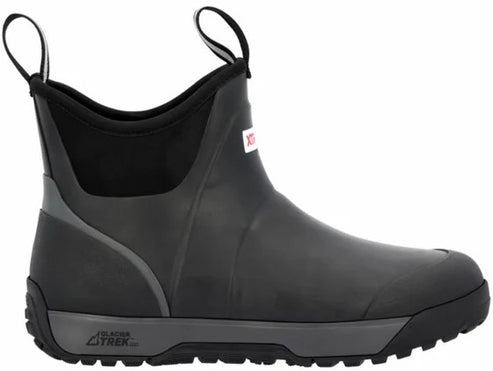 A black ankle-height rubber boot with a grey Glacier Trek Pro midsole, two pull tabs at the top, and a white brand logo tag on the side.