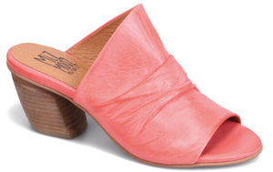 Pink leather open toe mule with a chunky heel.