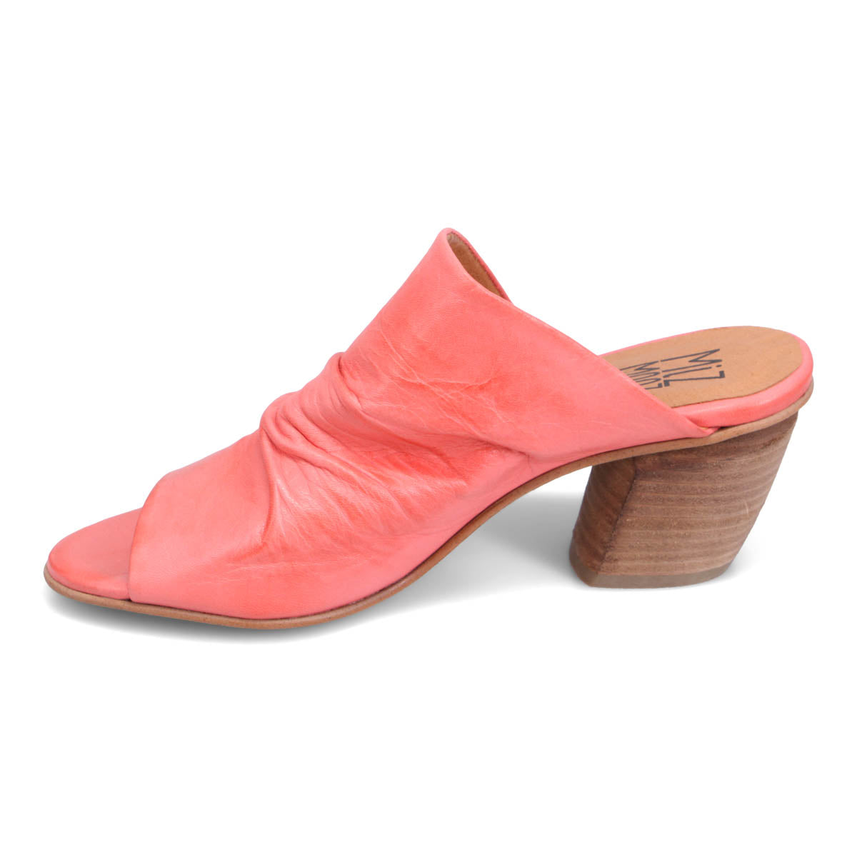 Coral leather mule shoe with a medium block heel.
