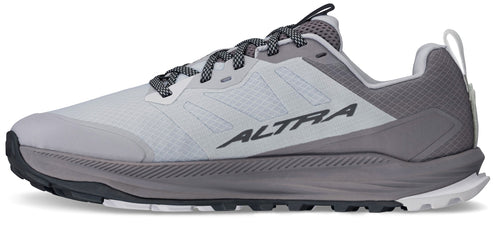 A light grey Altra running shoe with dark grey accents, a thick grey midsole, and a patterned treaded outsole, shown from the side.