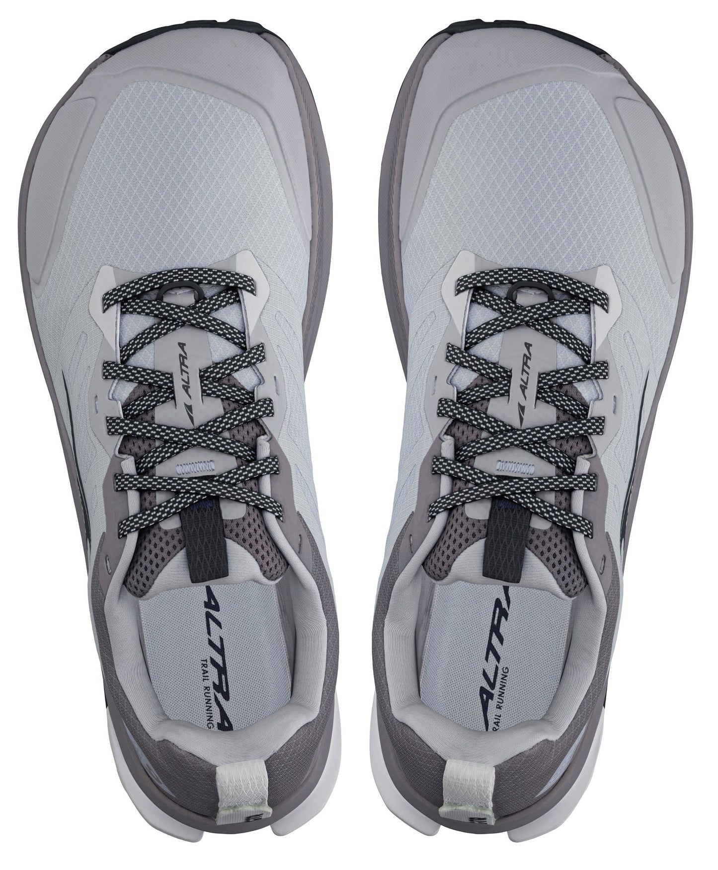 A top-down view of two gray Altra trail running shoes with dark gray accents, black and white patterned laces, and the Altra logo visible on the inner soles.
