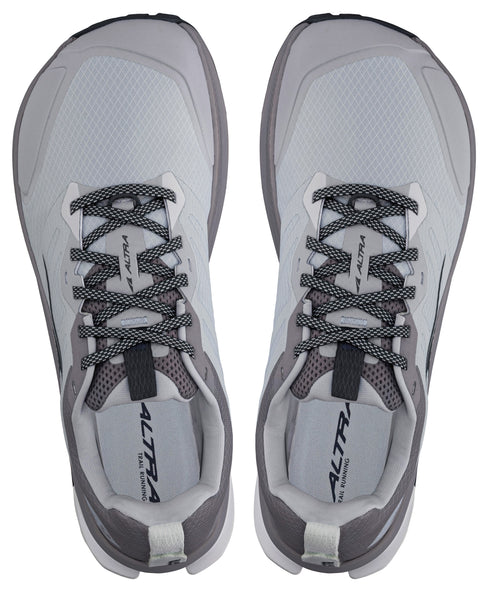 A top-down view of two gray Altra trail running shoes with dark gray accents, black and white patterned laces, and the Altra logo visible on the inner soles.