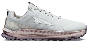 A women's light gray Altra trail running shoe with a speckled dusty rose midsole and a dark mauve outsole, featuring a textured upper and a distinctive Altra logo on the side.