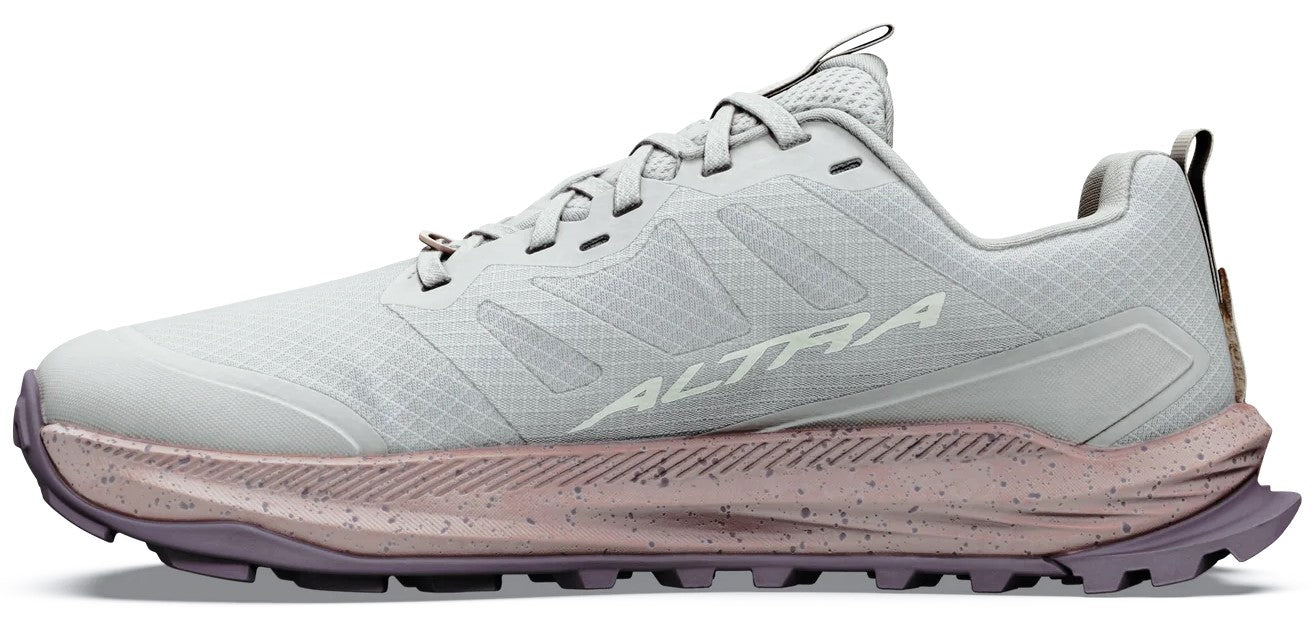 A light grey Altra trail running shoe with a speckled dusty mauve midsole and a dark mauve lugged rubber outsole, shown from the side profile.