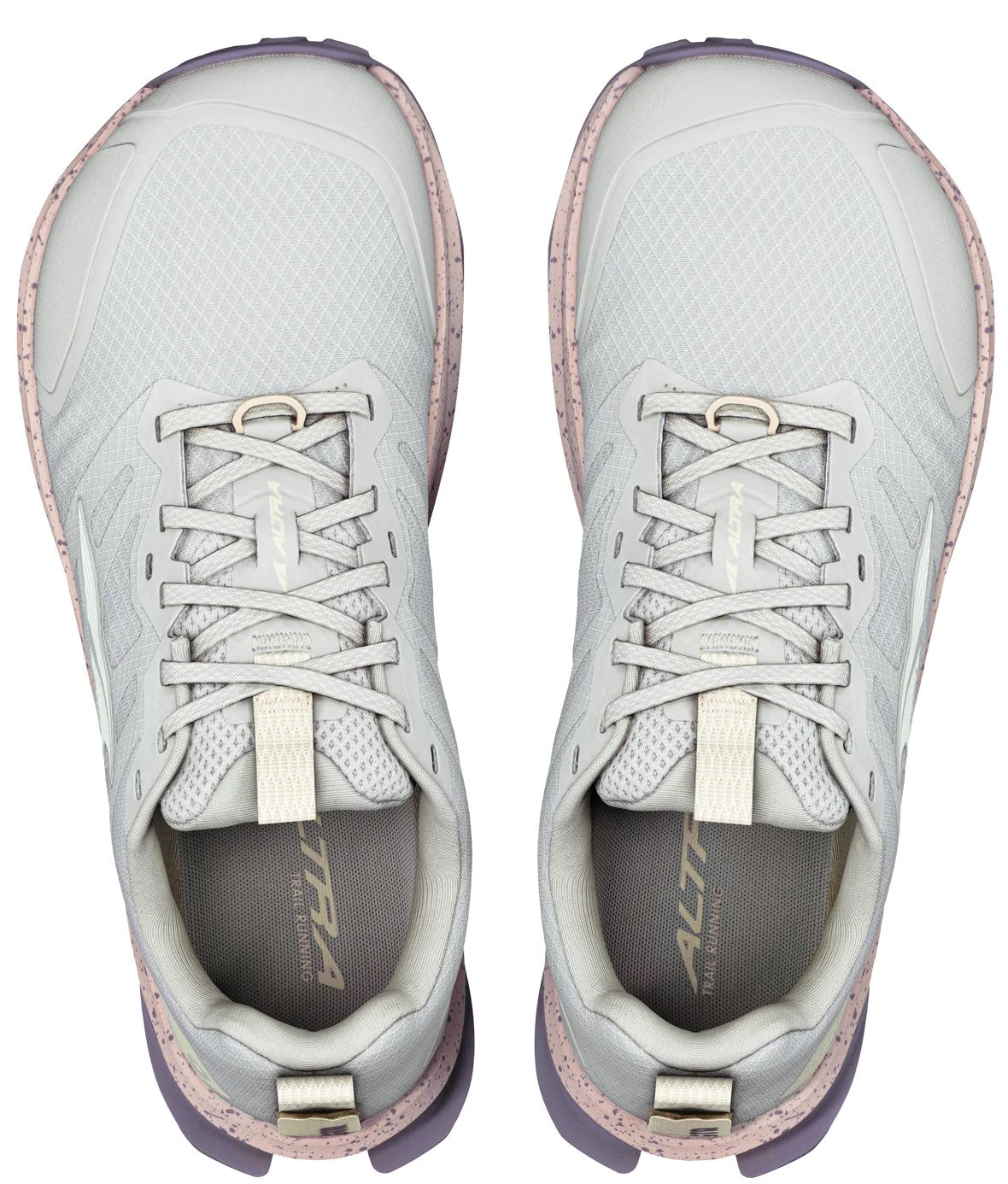 A top-down view of a pair of grey trail running shoes with light pink speckled midsoles and laces, featuring the brand name ALTRA printed inside on the insoles.