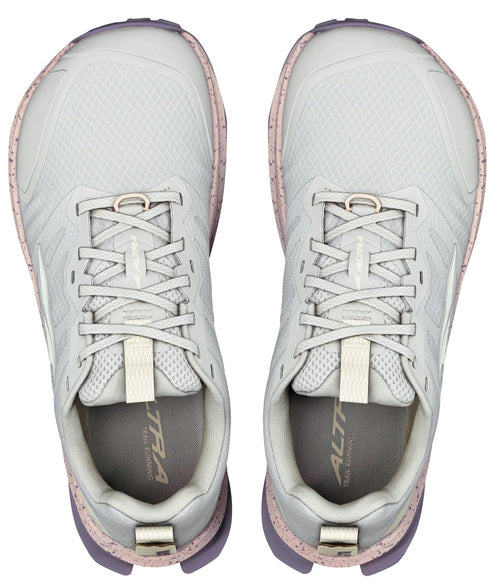 A top-down view of a pair of grey trail running shoes with light pink speckled midsoles and laces, featuring the brand name ALTRA printed inside on the insoles.