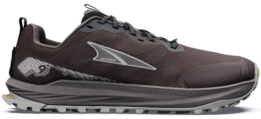 A dark gray Altra Lone Peak 9 trail running shoe from the side view, featuring a lugged light gray outsole, a gray foam midsole, a mesh upper with the brand logo, and a numeric branding on the heel.