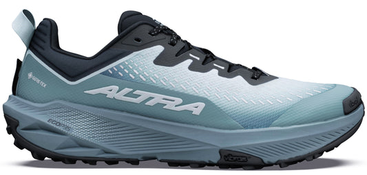 A light blue and dark gray trail running shoe with a thick, textured midsole, prominent Altra branding on the side, a Gore-Tex logo on the heel, and a black Vibram outsole.