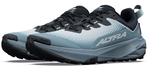 A pair of Altra trail running shoes in shades of muted blue-grey and black, featuring a textured sole, lace-up closure, and a GORE-TEX logo on the side.