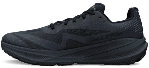 A black Altra running shoe shown from the side with a mesh upper, thick cushioned midsole, and black laces.