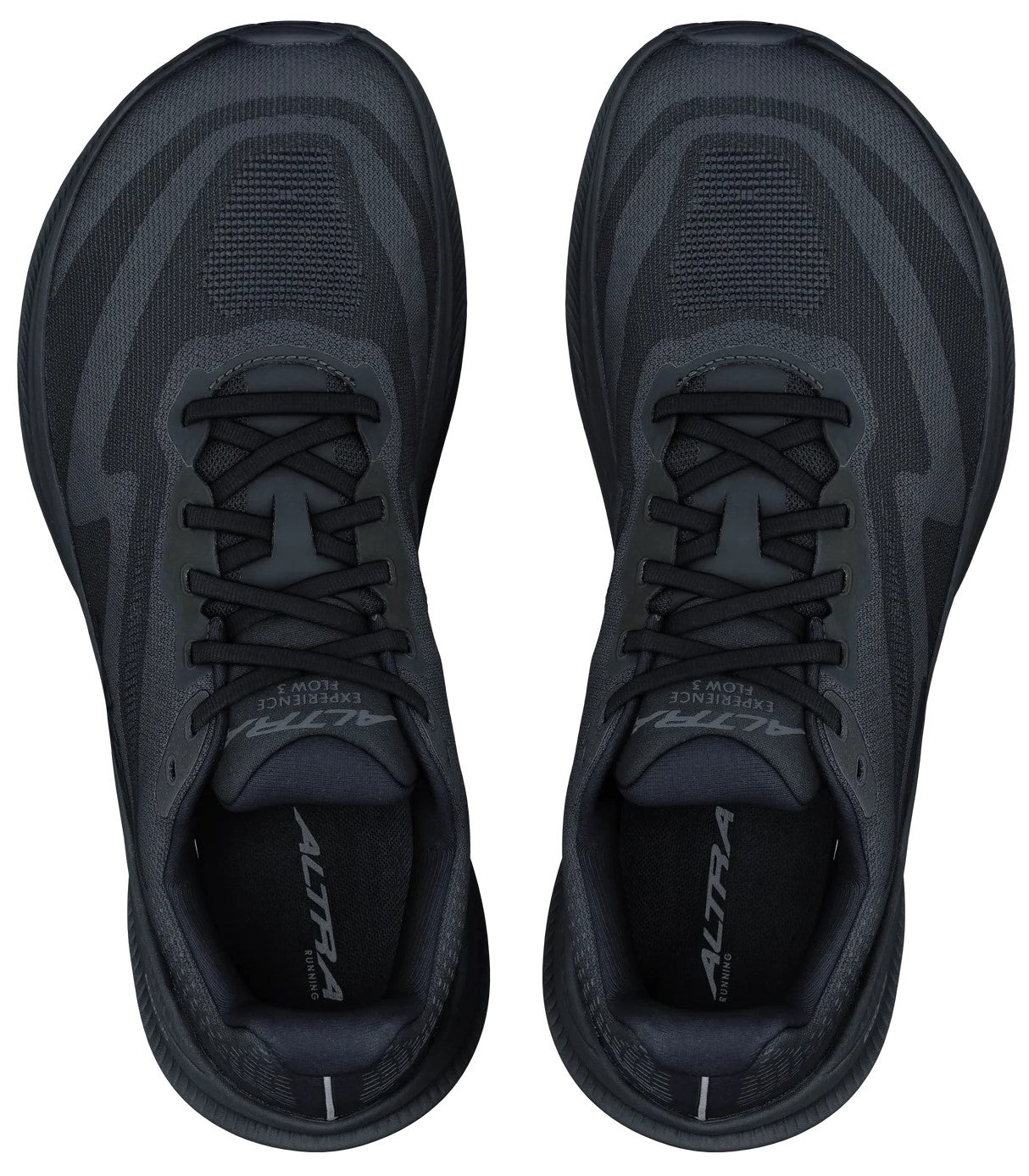 A top-down view of a pair of black, wide-toe running shoes with black laces, black mesh uppers, and the Altra Experience Flow text visible on the tongues and insoles.