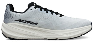 A white running shoe with black laces and sole.