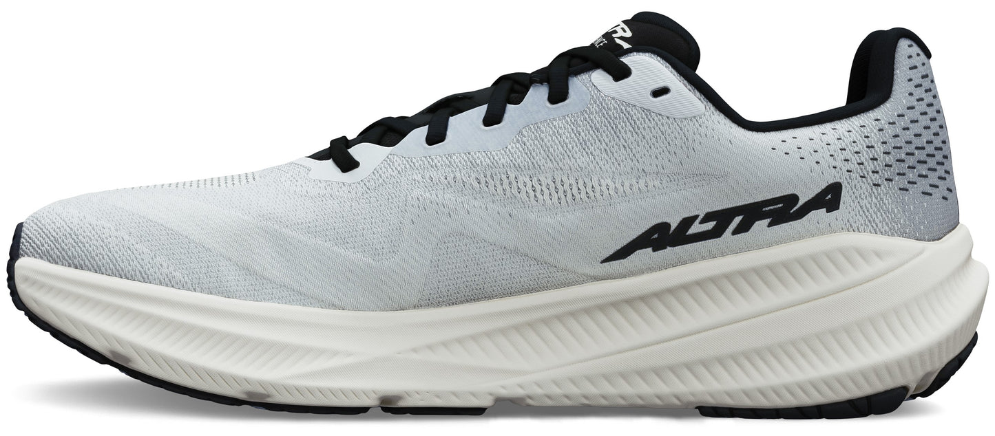 A running shoe in gray with a thick white sole and black accents.