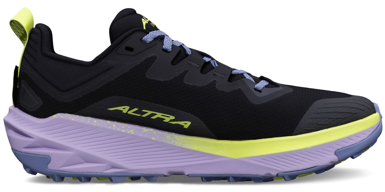 A black running shoe with light purple laces and midsole, featuring a yellow accent on the midsole and heel loop.
