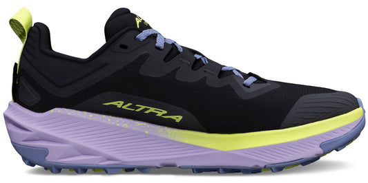 A black running shoe with light purple laces and midsole, featuring a yellow accent on the midsole and heel loop.