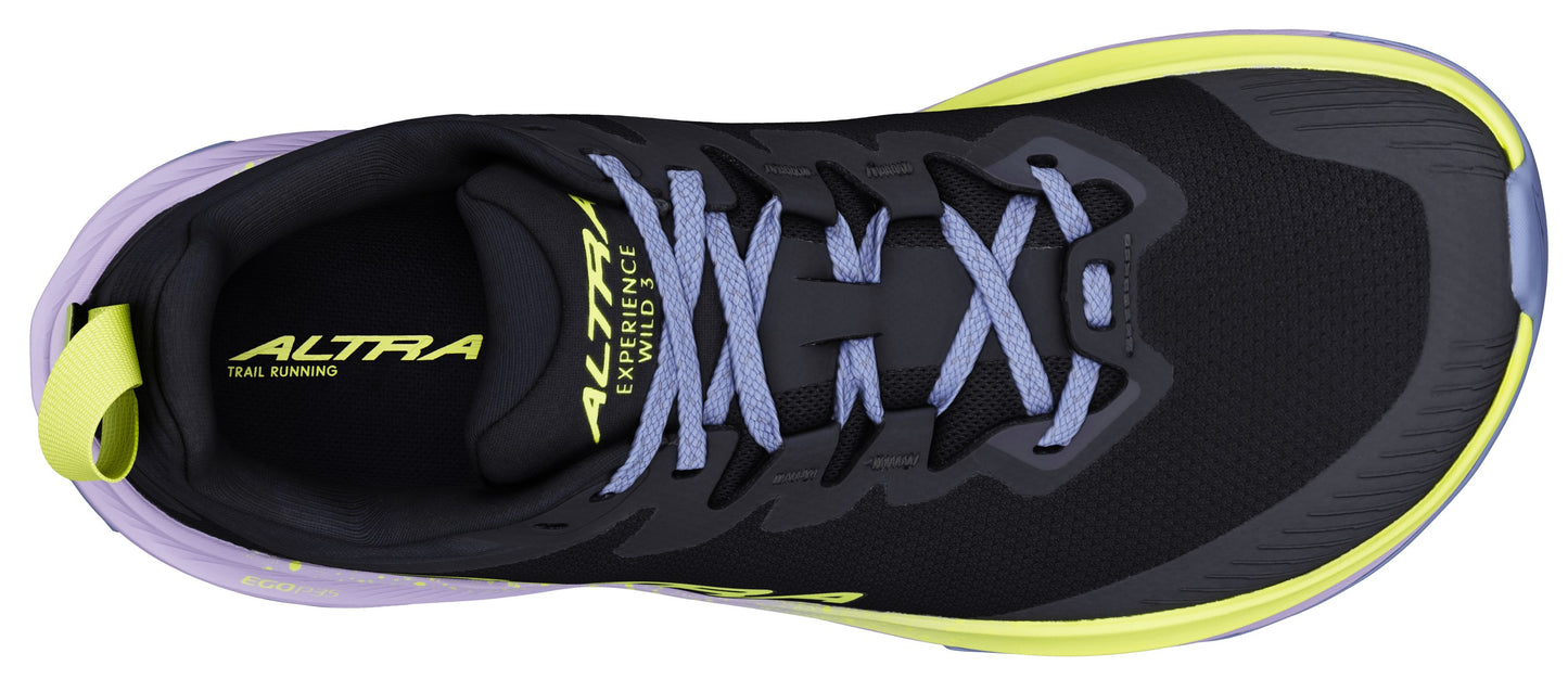 A top-down view of a black running shoe with yellow and purple accents and light purple laces.