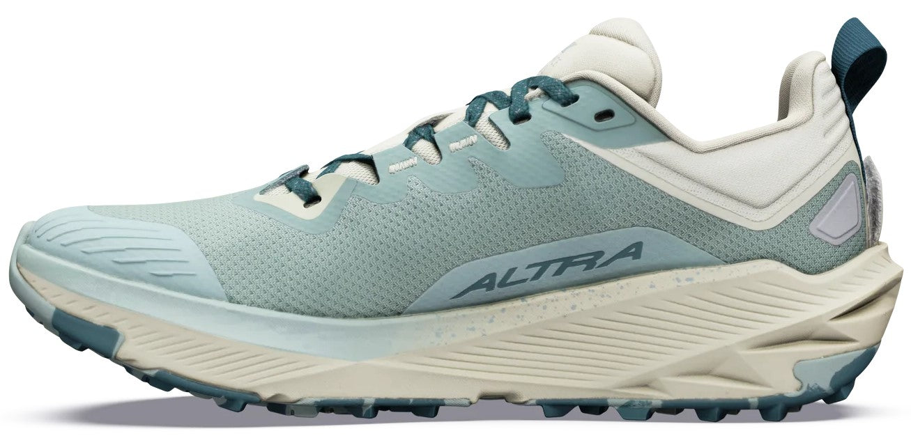 A light blue and beige trail running shoe with dark teal accents and laces, featuring the word ALTRA printed on the side of the midsole.