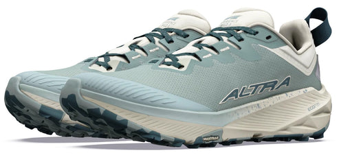 A pair of sage green Altra trail running shoes with light beige midsoles and dark teal outsoles viewed from a front three-quarter angle.