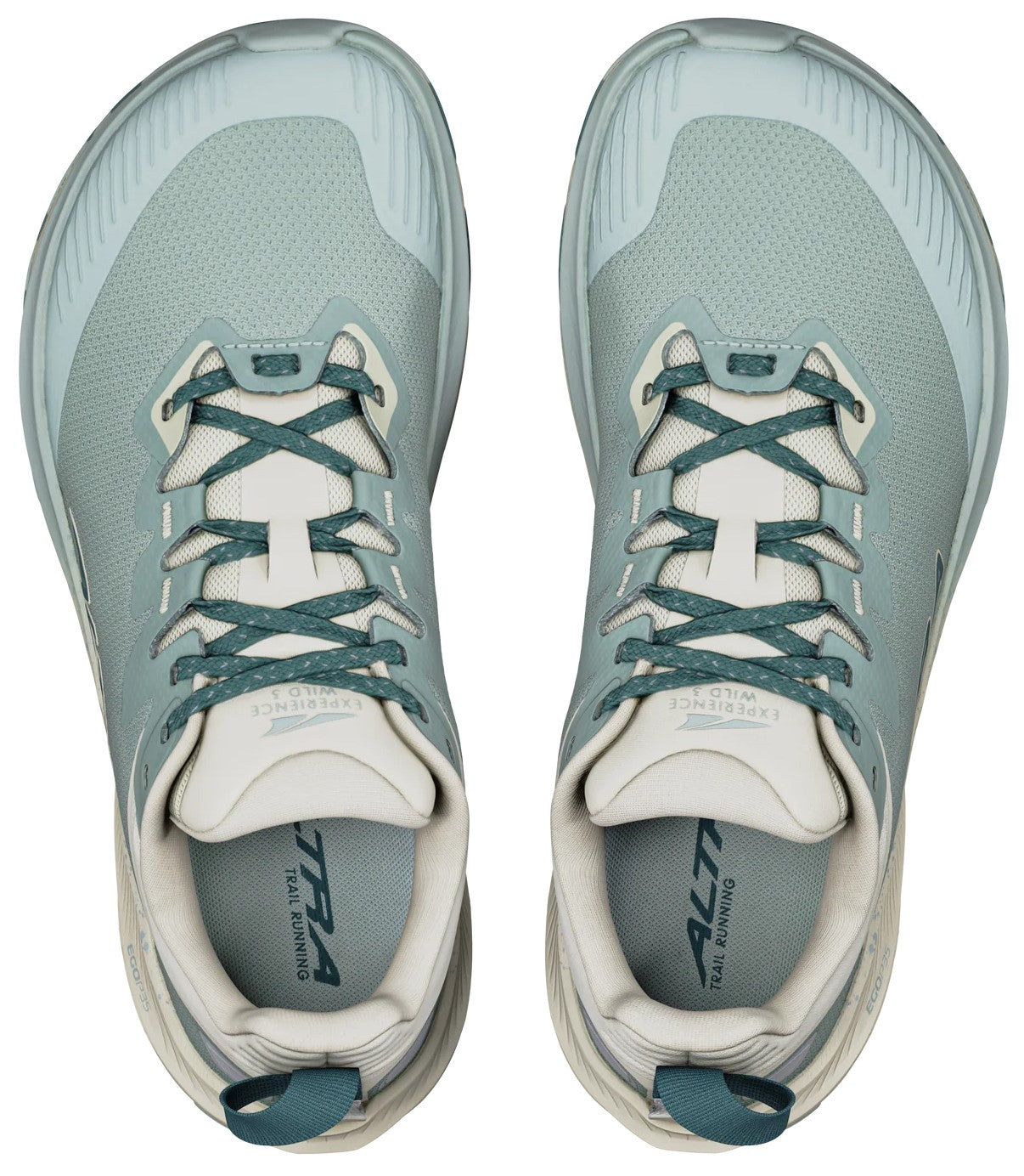 A pair of light sage green trail running shoes viewed from directly above, featuring a wide toe box, speckled dark green laces, beige interior, and a heel pull tab.
