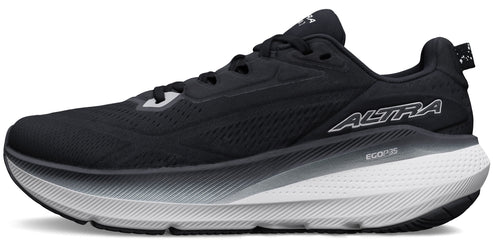 A black running shoe with a thick white sole and the word "ALTRA" printed on the side.