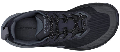 Overhead view of a black running shoe with gray accents and patterned laces.