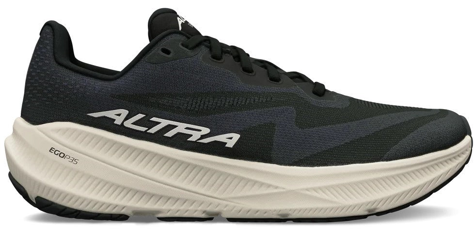 A black Altra running shoe with a cream-colored EGO Max midsole, white brand text on the side, and black laces, seen from a side profile view.