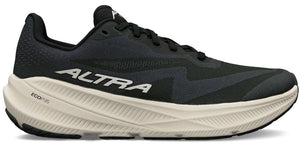 A black Altra running shoe with a cream-colored EGO Max midsole, white brand text on the side, and black laces, seen from a side profile view.
