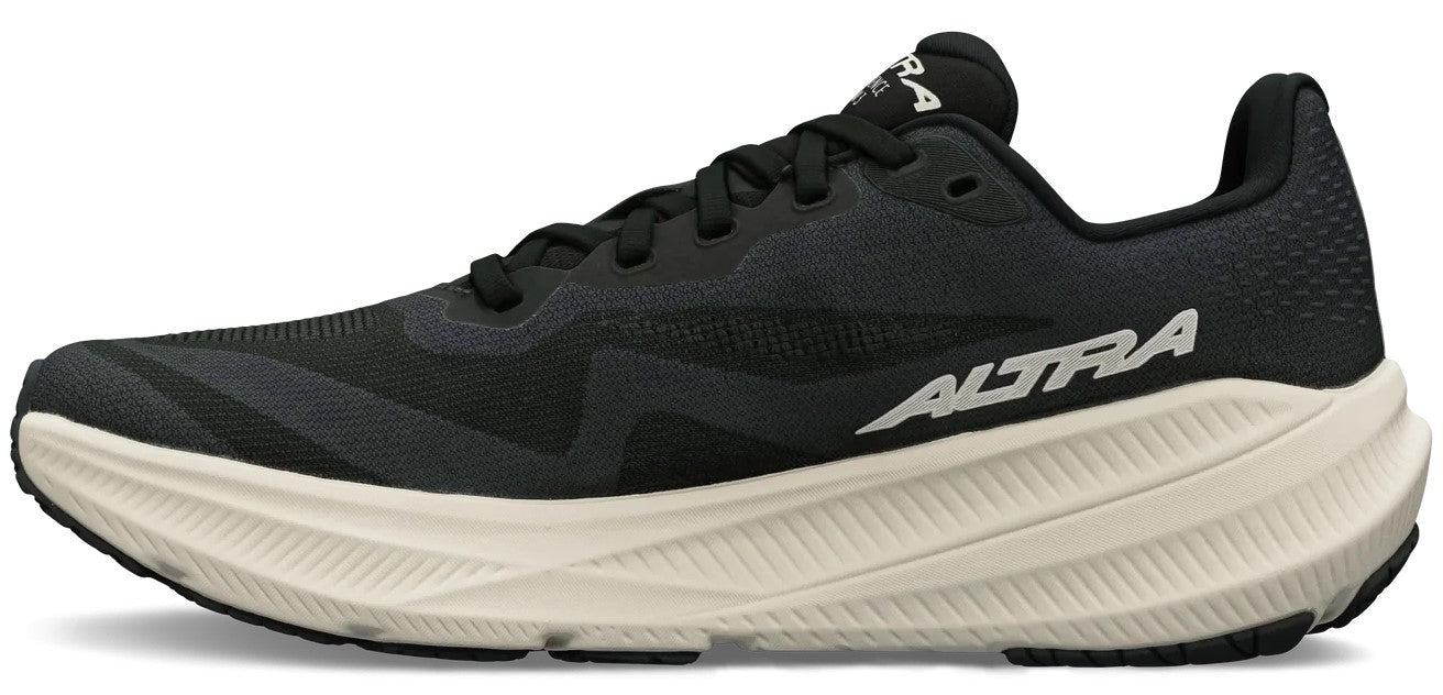 A black Altra running shoe with a beige, cushioned sole and black laces on a white background.