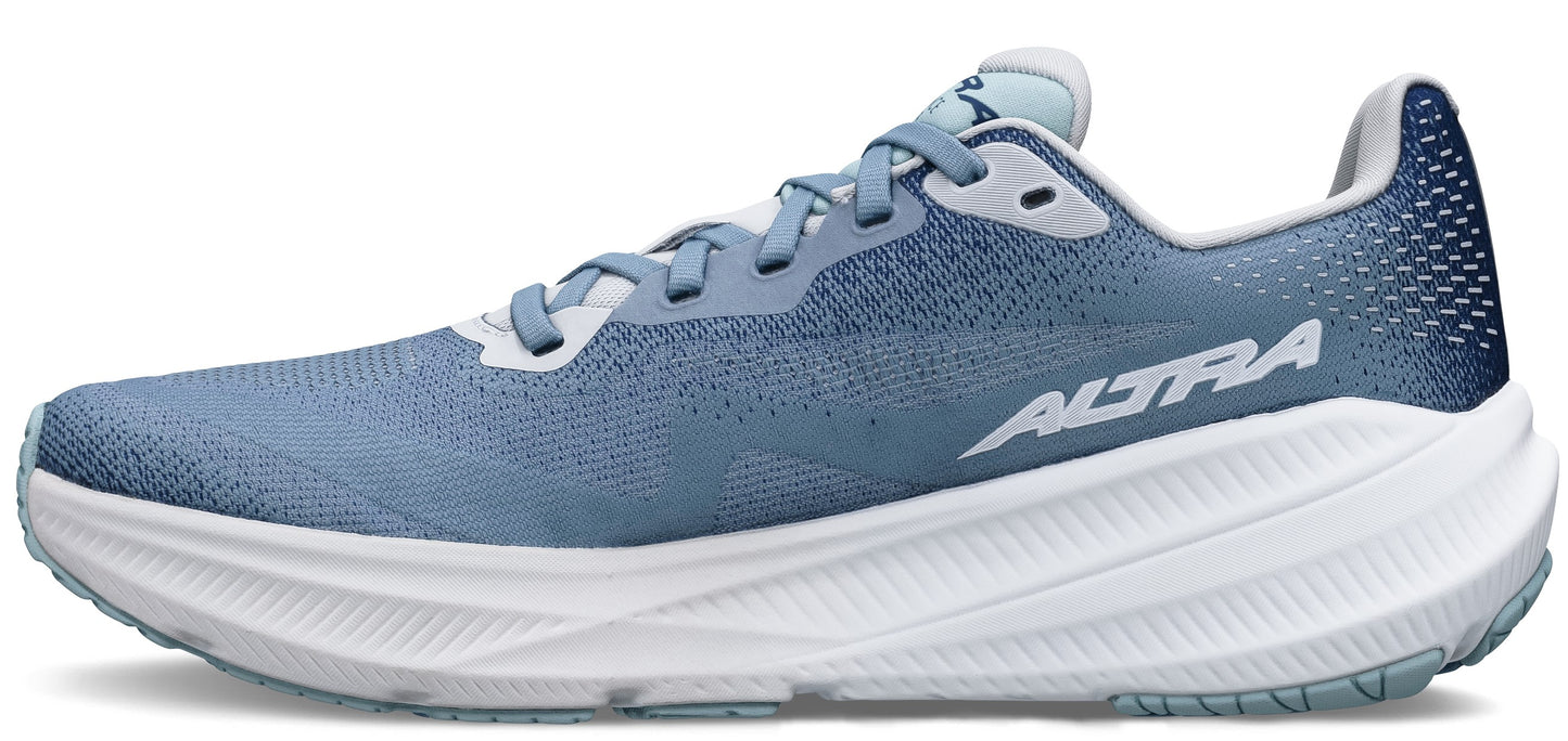 A blue and white running shoe, with a white midsole.