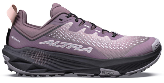 A lateral view of a purple Altra trail running shoe with a dark grey Vibram sole and Gore-Tex branding.