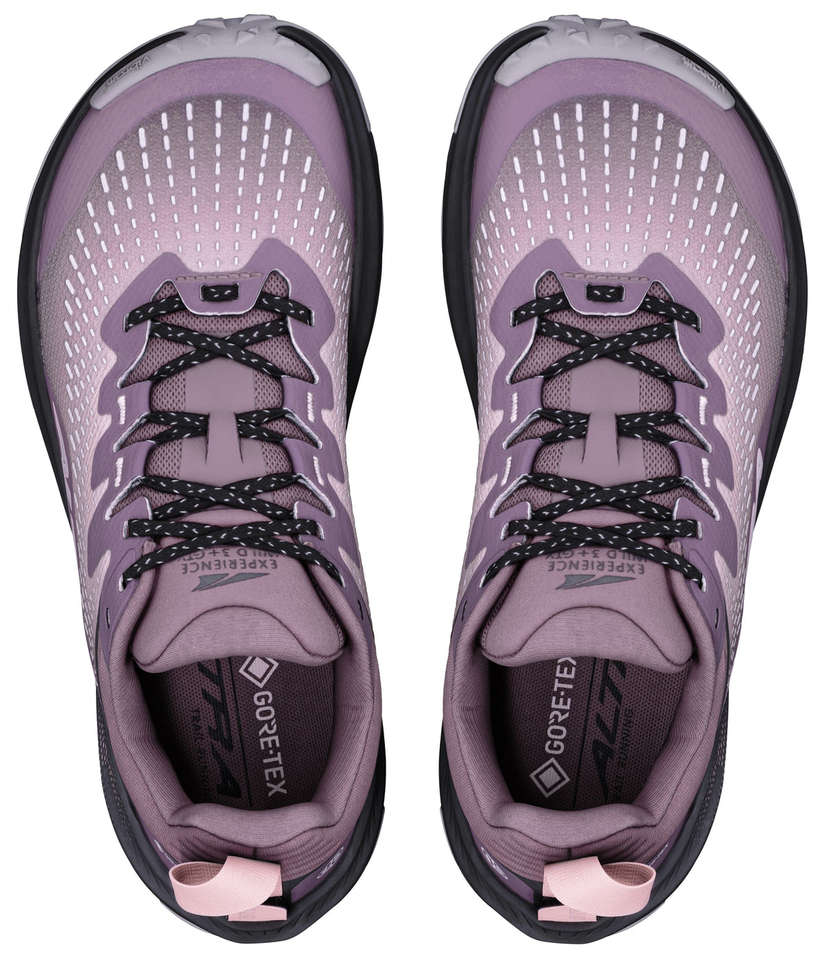 A top-down view of a pair of lavender Altra Experience Wild 3 GTX trail running shoes with black laces, showing the Gore-Tex branding on the insole.