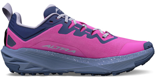 A pink trail running shoe with gray accents, visible laces, and a moderately lugged outsole.