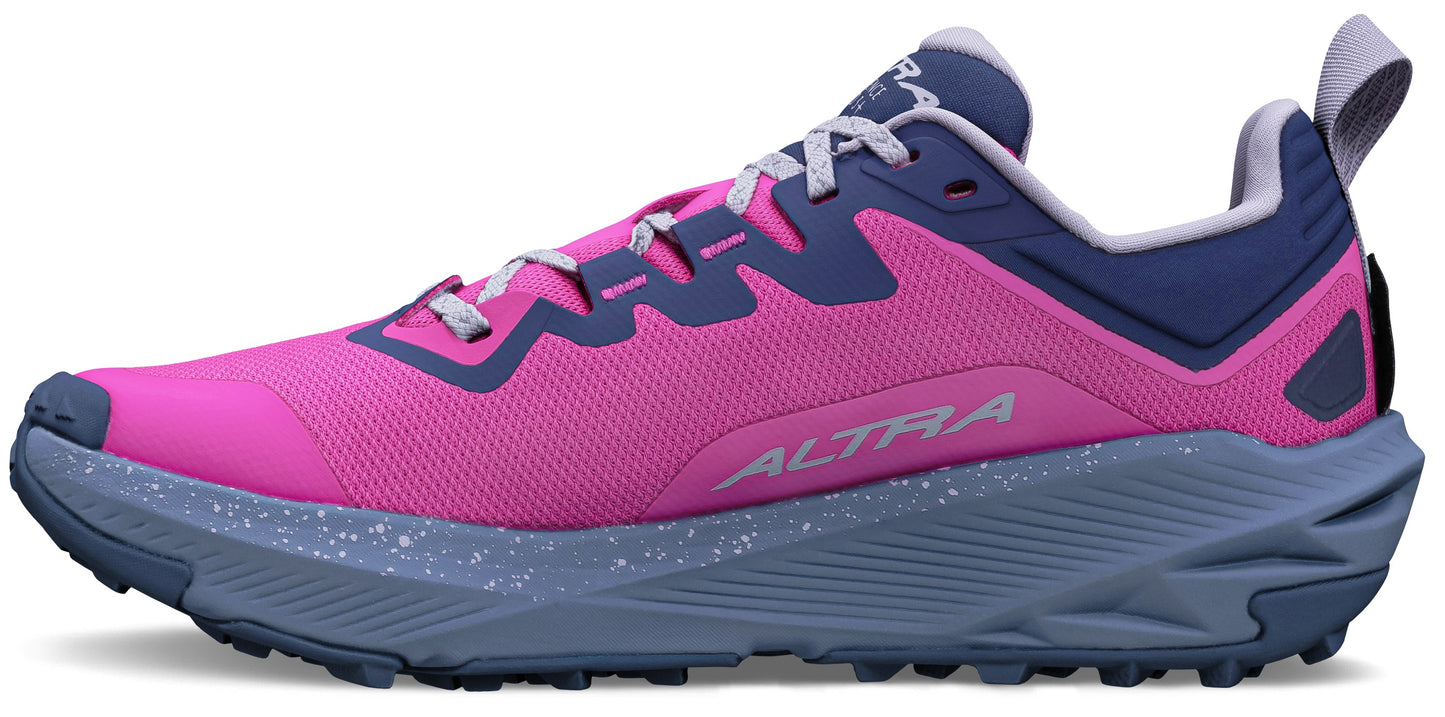 A pink and navy blue athletic shoe with gray laces.