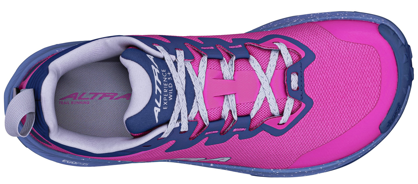 A top-down view of a pink and blue shoe with white laces.