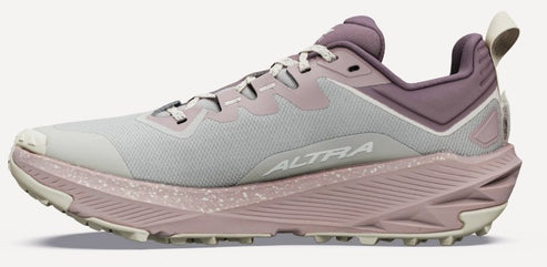A light grey and dusty mauve Altra trail running shoe with a thick, textured, speckled midsole, a mesh upper with grey overlays, and a cream-colored heel pull tab.