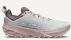 A light grey, low-top trail running shoe with a mauve-colored heel collar, tongue, and thick, speckled midsole, featuring the word ALTRA in black on the side and a Vibram logo on the sole.