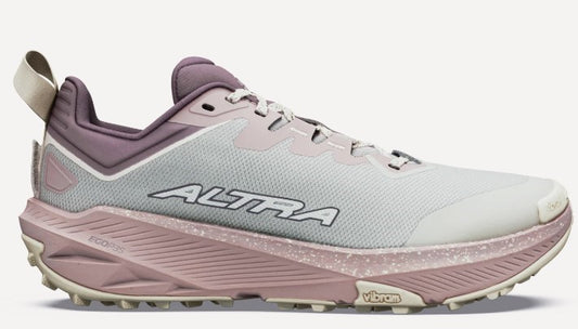 A light grey, low-top trail running shoe with a mauve-colored heel collar, tongue, and thick, speckled midsole, featuring the word ALTRA in black on the side and a Vibram logo on the sole.