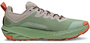 Altra trail running shoe in green and tan with orange accents.