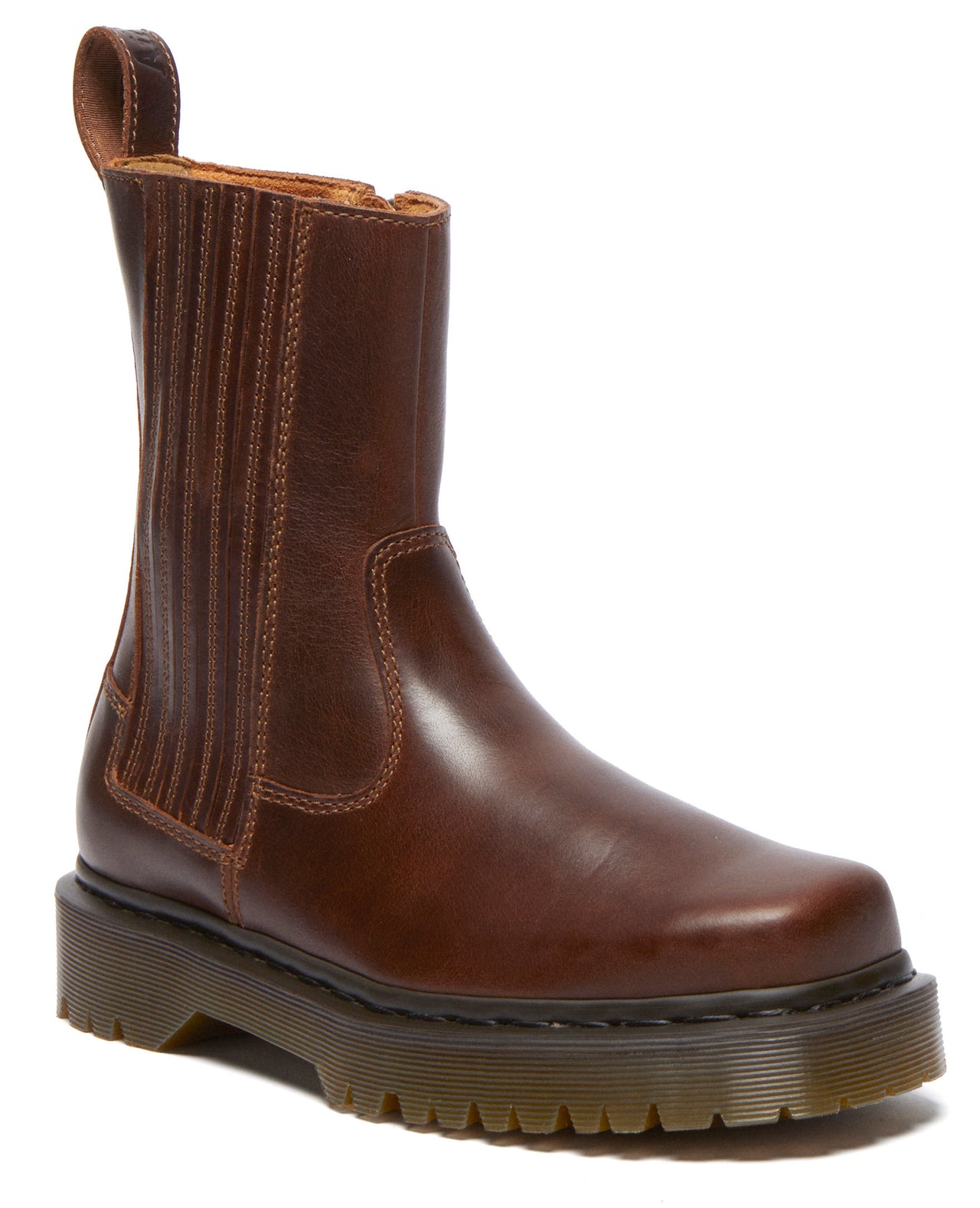 Chestnut brown leather Chelsea boot with a platform sole and a back pull-on loop.