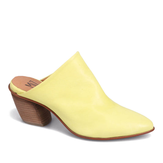 A yellow pointed-toe mule with a wood block heel.