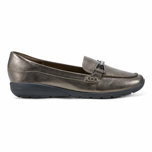 Metallic brown leather loafer with a metal embellishment.