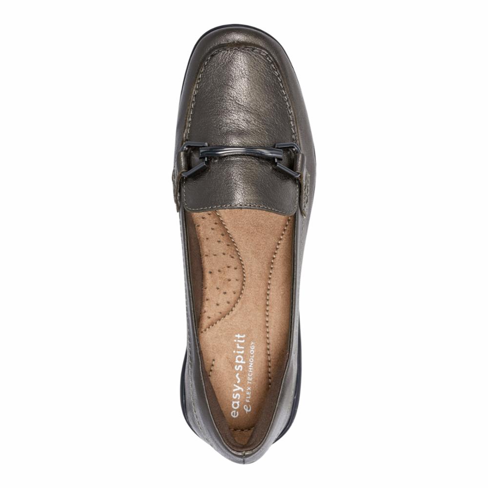 Pewter colored penny loafer with strap across vamp and FLEX TECHNOLOGY on insole.