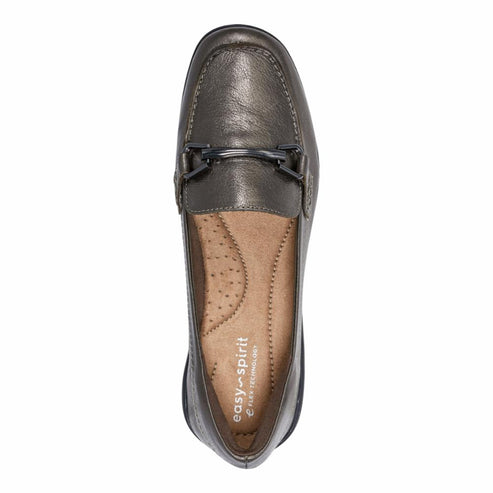 Pewter colored penny loafer with strap across vamp and FLEX TECHNOLOGY on insole.
