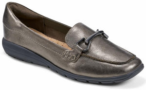 Metallic pewter-colored leather loafer with a squared toe and decorative silver-toned buckle.