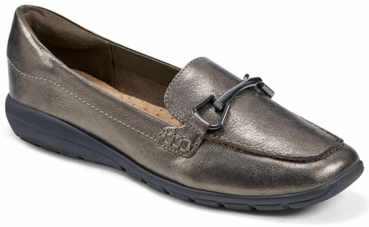 Metallic pewter-colored leather loafer with a squared toe and decorative silver-toned buckle.