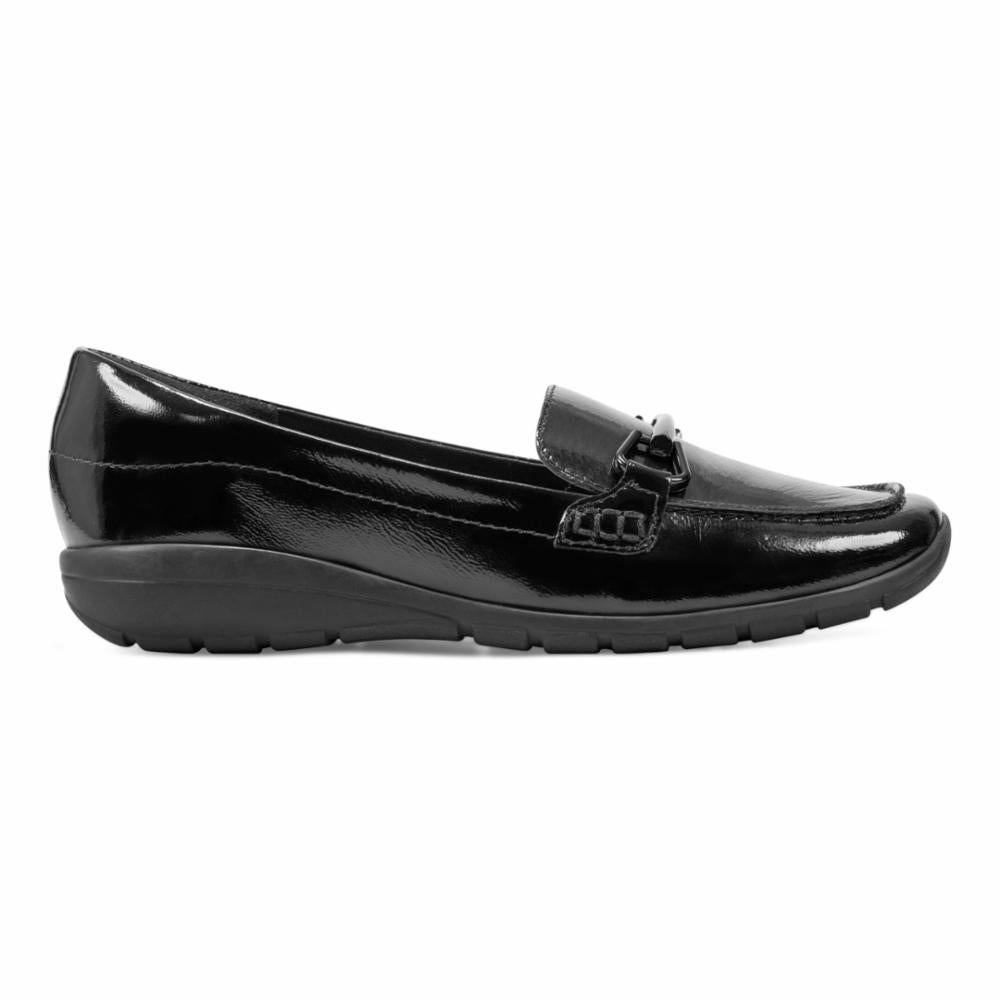 Black patent leather loafer with a low heel.