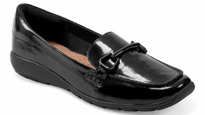 Black patent leather loafer with a metal buckle.