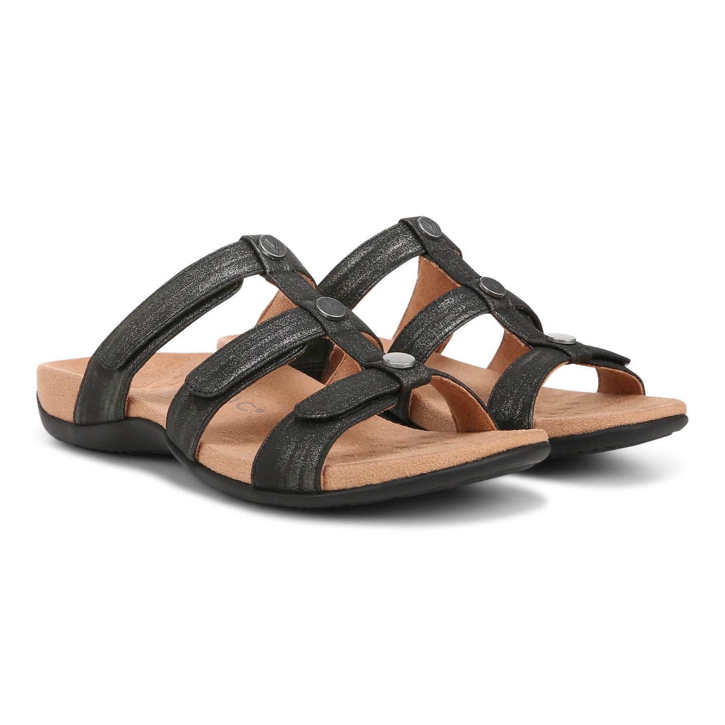 Pair of black strappy sandals with silver accents