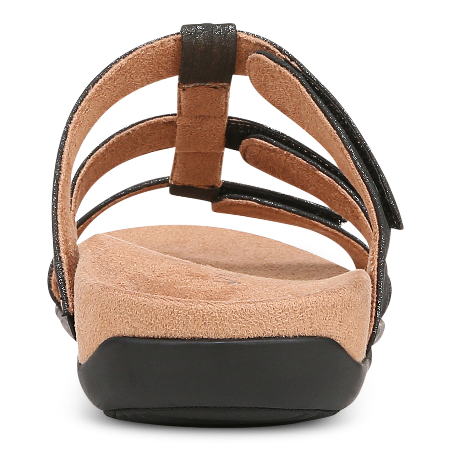 Rear view of black multi-strap sandal with tan insole and black sole.