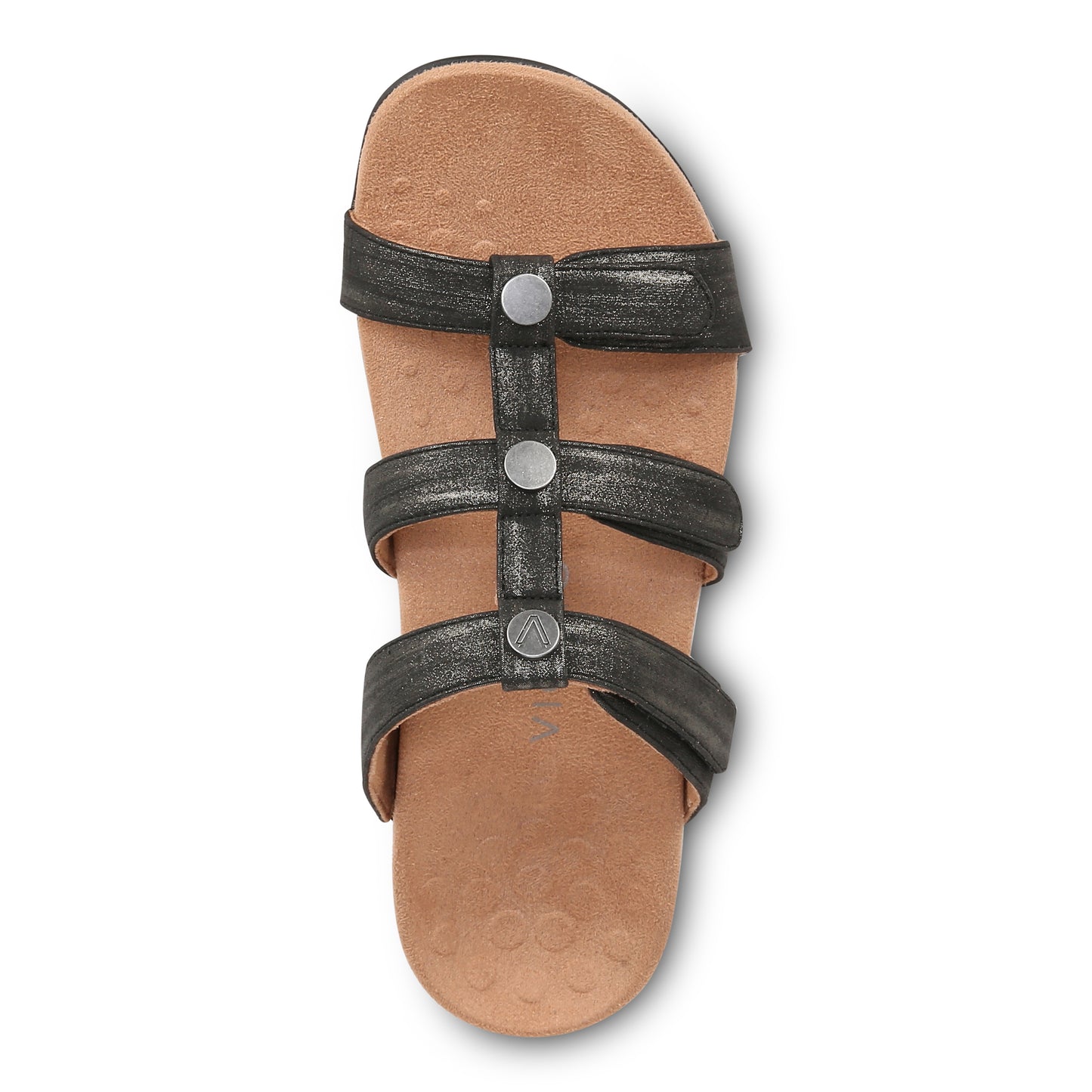 T-strap sandal with three straps and a tan footbed.